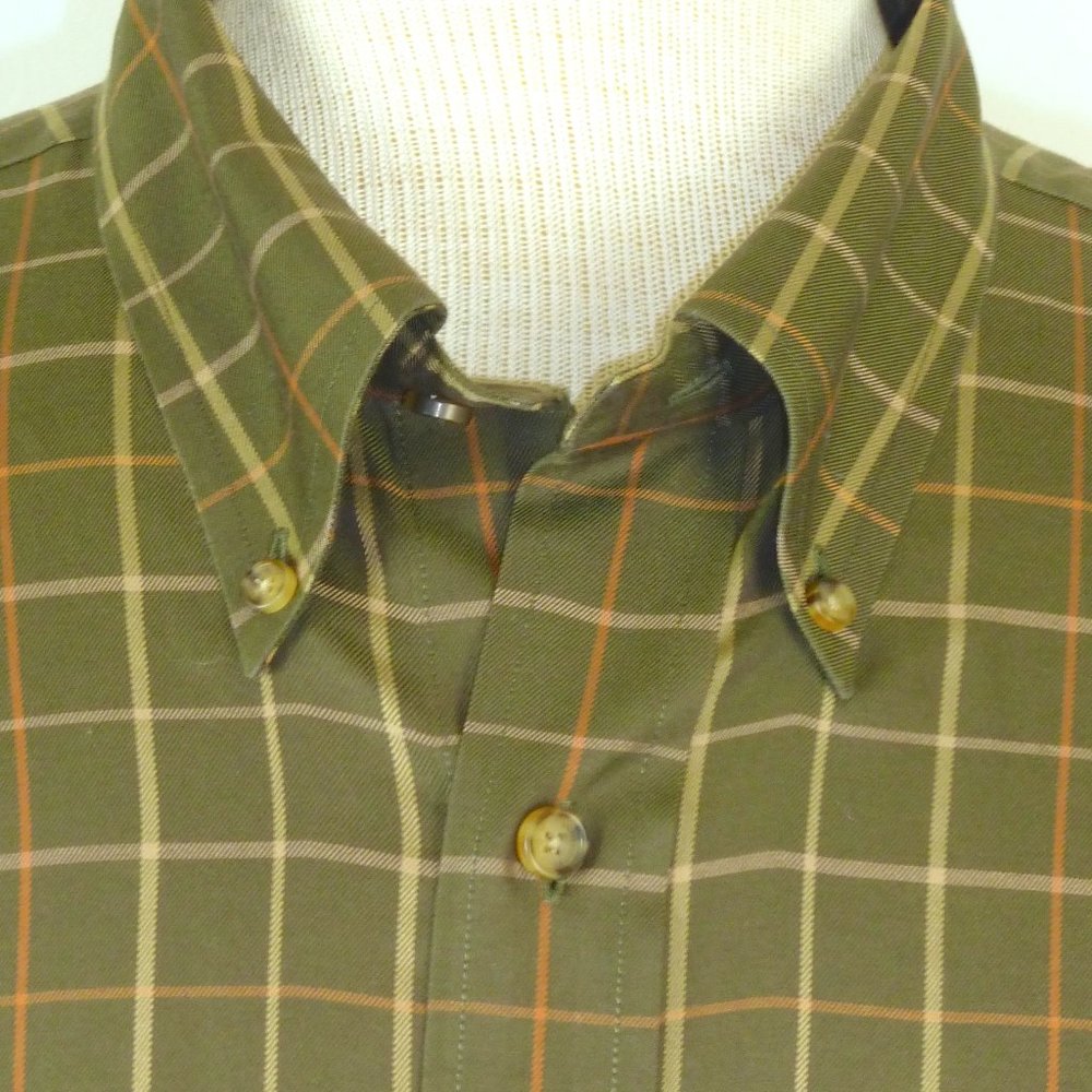 Brooks Brothers no iron plaid slim fit cotton button down collar olive shirt xl